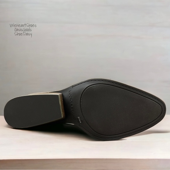 NIB Lucky Brand Sauci Almond Toe Block Heel Leather Ankle Booties Black 8.5M - Picture 9 of 12